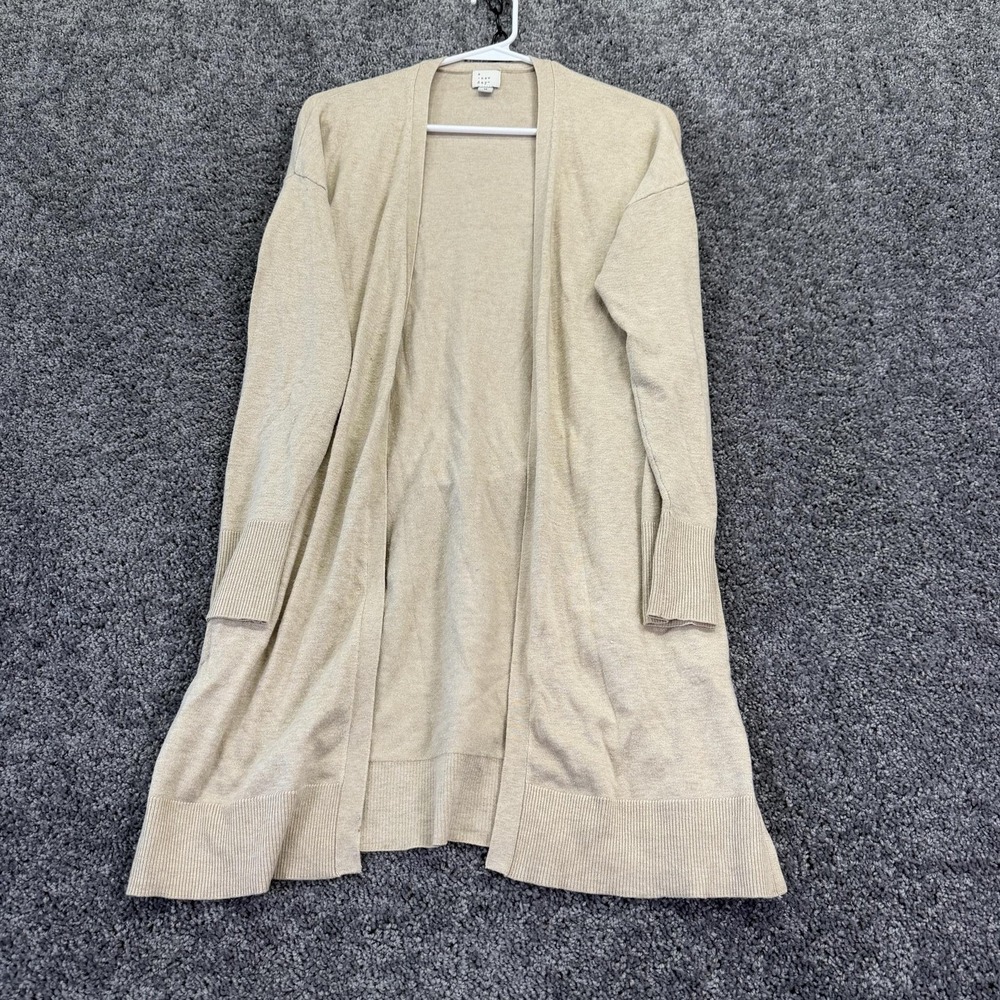 A New Day Sweater Cardigan Womens M Beige Open Front Belted Knit Duster Casual